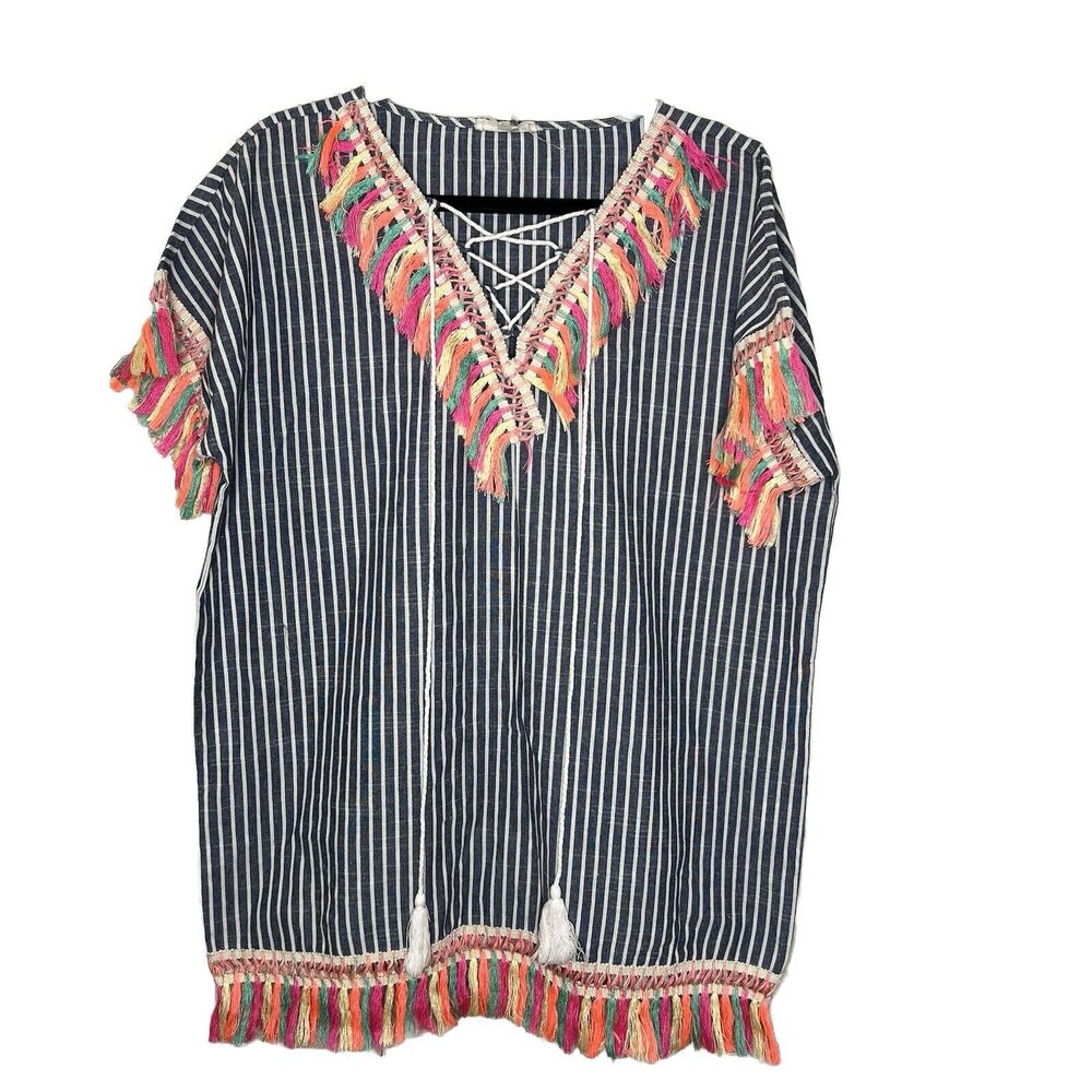 Entro Tunic Top Women's Medium Blue White Stripe Colorful Tassel Boho Festival